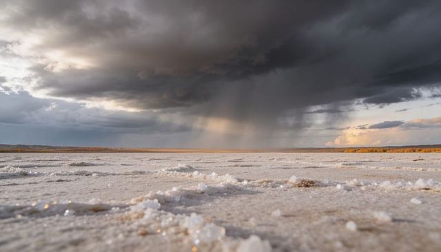Sparkling salt-crust playa under dramatic storm shafts at golden hour evaporite panorama