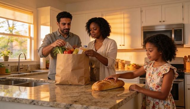 Sunlit family unpacking groceries on granite countertop while daughter reaching for bread