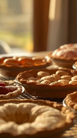 Vertical panning across sunlit rustic fruit pies cooling on rack