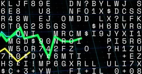 Futuristic Digital Interface with Neon Line Graphs and Alphanumeric Grid