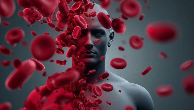 Futuristic sculpture with floating red blood cells