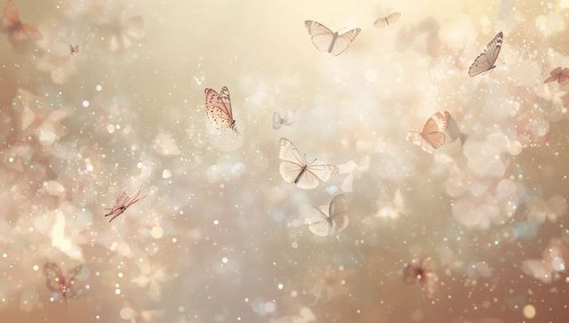 Drifting butterflies floating through pastel bokeh and luminous sparkles for background