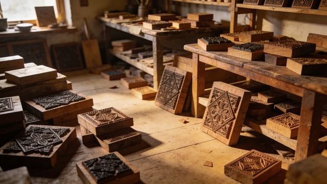 Sunlit carved wooden printing blocks stacking and leaning in rustic artisan studio with floral relie