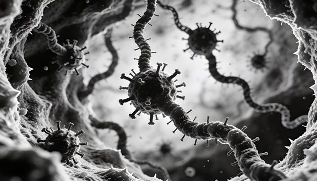 Spiky viral particles attaching to twisted filament inside tubular lumen, grayscale