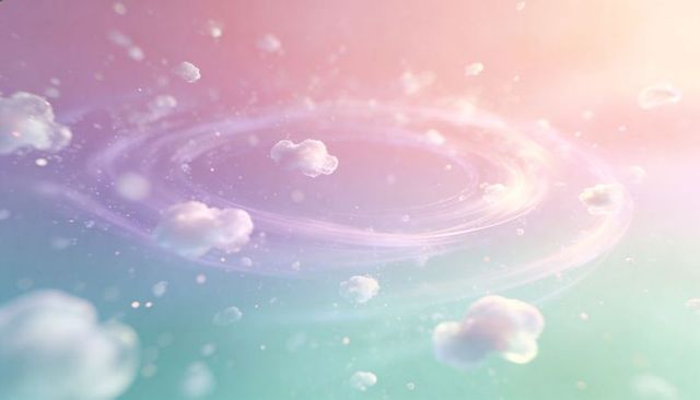 Swirling pastel vortex with floating cloud puffs, glowing mist and dreamy bokeh, ethereal spiral