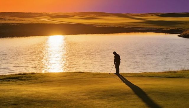 Golfer putting at sunset by lake with long shadow on golf green, silhouette reflection