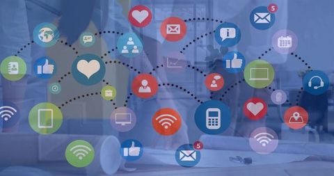 Diverse business pushes fore digital connection with icons and network overlay