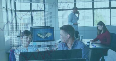 Diverse team working on financial data and analysis in modern office