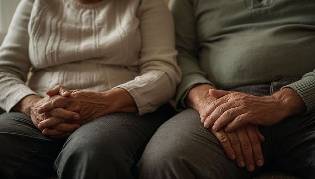 Senior couple hands resting on laps showing tenderness companionship aging close-up
