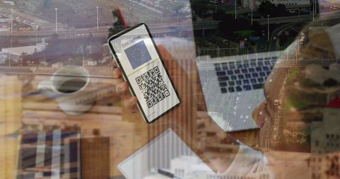 Woman Viewing Vaccination Passport on Smartphone against Urban Backdrop