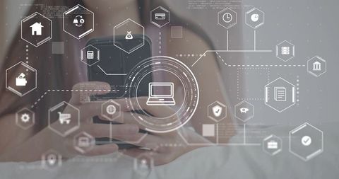 Holding smartphone in bed with futuristic hex hud overlay, wearing glasses and tapping screen
