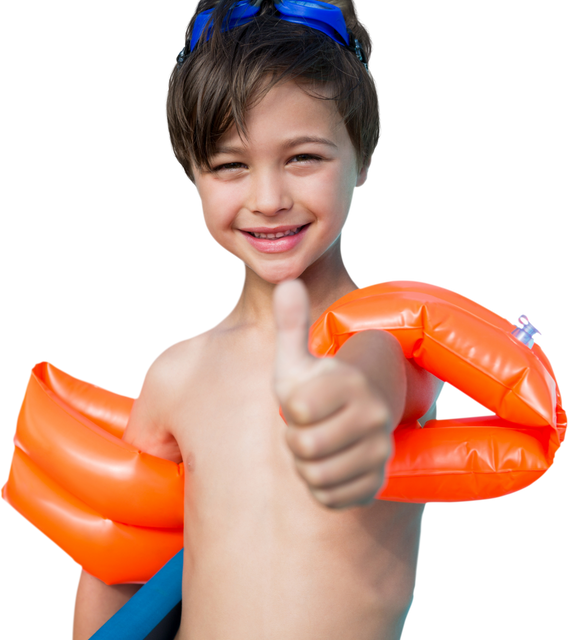 Cute boy wearing arm floaties giving thumbs up, showing positivity - Download Free Stock Videos Pikwizard.com