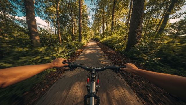 Pov riding mountain bike on sunlit forest trail gripping handlebars through trees