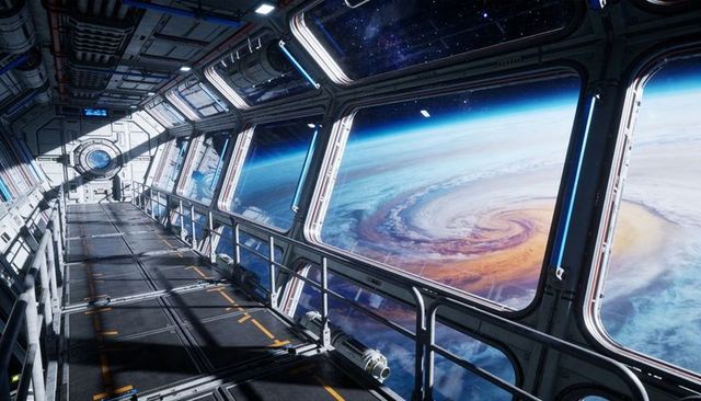 Orbital Station Observation Corridor Overlooking Swirling Planetary Storm