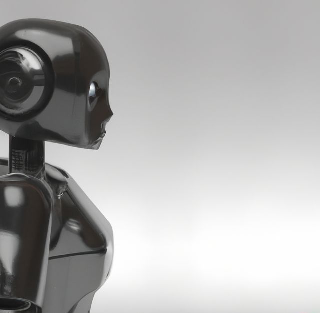 Image of side view of robot with copy space on grey background. Artificial intelligence and robots concept.