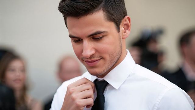 Young man adjusting necktie in white shirt at formal gala, close-up portrait with bokeh