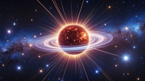 Hypothetical red-brown planet with glowing rings in cosmic space