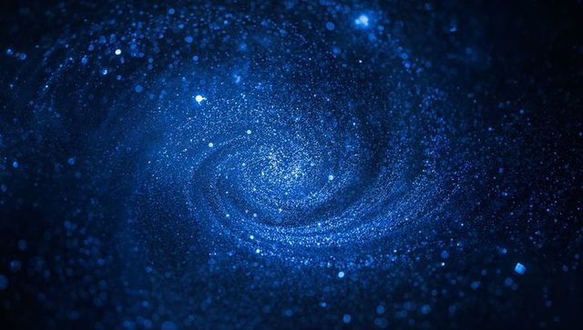 Spiraling Blue Particle Vortex Forming Luminous Core in Cosmic Glitter Field