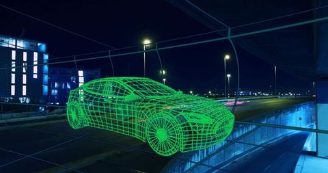 Neon green wireframe car hologram hovering over urban overpass at night, cyberpunk