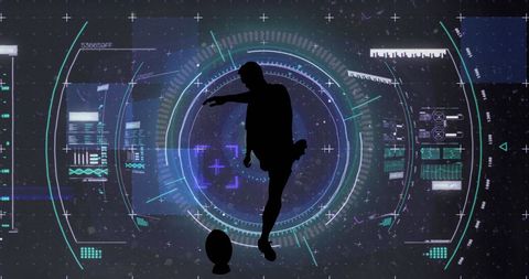 Digital overlay analyzing rugby player kicking the ball
