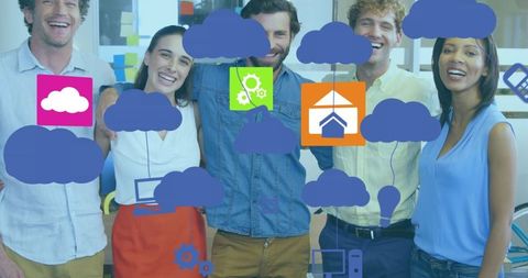 Diverse Team with Floating Technology Icons in Modern Office