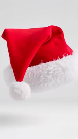 Vertical video rotating Santa hat settling on gray studio surface with plush white pompom