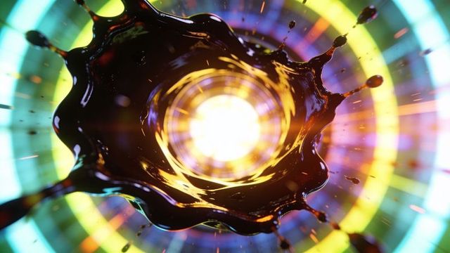 Shining core radiating through glossy liquid crown surrounding neon ring tunnel