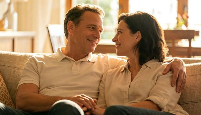 Mature couple cuddling on sunlit couch sharing tender romantic moment at home