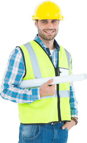 smiling architect with blueprints and reflective safety gear transparent - Download Free Stock Videos Pikwizard.com