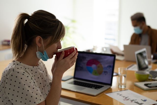 A caucasian woman sipping on a cup of coffee with her facemask pulled down during a meeting at an office. beside her is a laptop with a graph on the screen