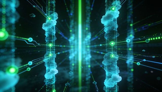 Neon core data corridor converging pillars and streaming particles in futuristic cyberspace