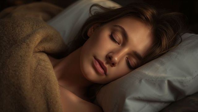 Serene adult female sleeping under cozy beige blanket closeup warm bedroom portrait