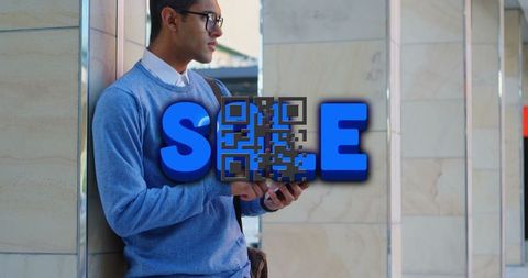Professional commuter using smartphone at metro station with qr code overlay