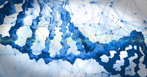 Blue dna helix rotating over biotech network with dynamic data waveforms