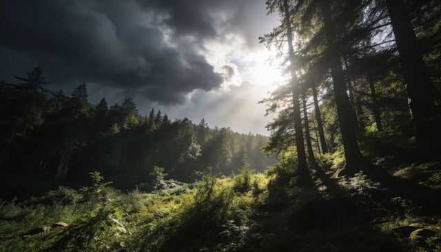 Sunlight streaming through conifer canopy over mossy glade and fern-covered slope