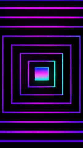 Looping Neon Square Tunnel Vertical Video Showing Glowing Gradient Outlines and Stripes