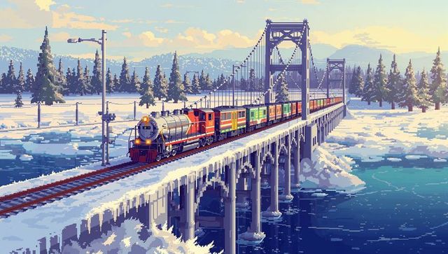 Steam locomotive crossing snowy suspension bridge over icy river in pixel art winter