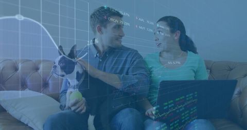 Couple with Laptop Analyzing Stock Market Data at Home with Pet Dog - Download Free Stock Images Pikwizard.com