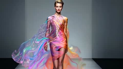 Model walking iridescent couture runway showcasing flowing translucent multicolor gown