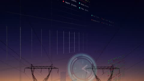 Digital Clock over Stock Data and Silhouette of Distant Transmission Towers