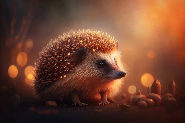 An adorable hedgehog sitting amongst scattered acorns under the warm autumn glow. Stems of plants out of focus cloud around it. Ideal for autumn themes, nature blogs, wildlife articles, educational materials, and social media posts showcasing the beauty of animals in their natural habitat.