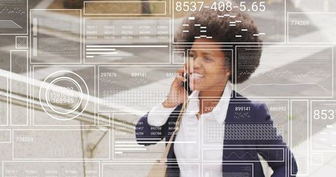 Professional woman talking on smartphone climbing urban stairs with digital HUD overlays