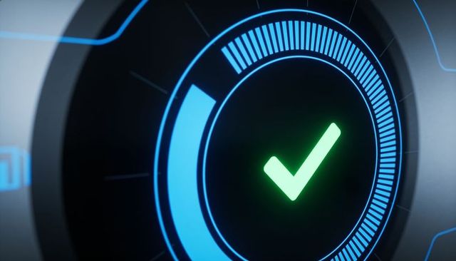Futuristic neon interface showing blue segmented progress ring with green checkmark