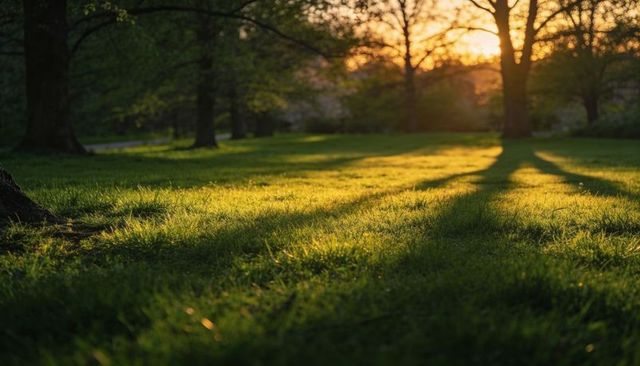 Sunlit park lawn with long tree shadows and dew-glossed grass at warm golden hour sunset