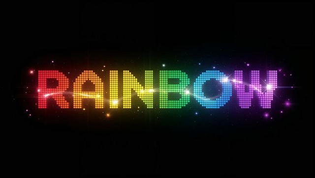 Glowing rainbow led typography composed of pixel tiles with neon glow and sparkles