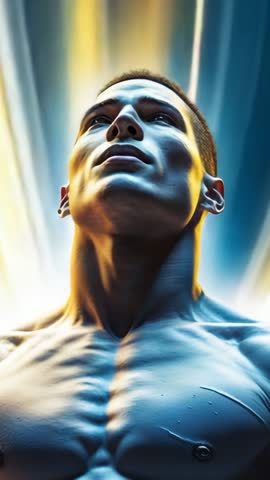 Vertical video zooming to shirtless man with dynamic studio lights highlighting jawline