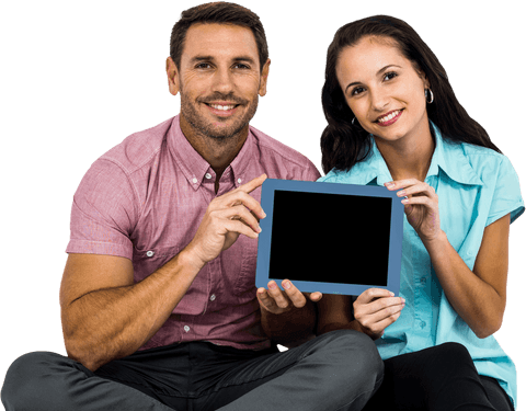 Smiling Couple Holding Transparent Tablet Display Together