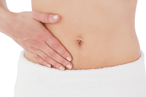 Transparent view of woman's midriff experiencing menstrual discomfort