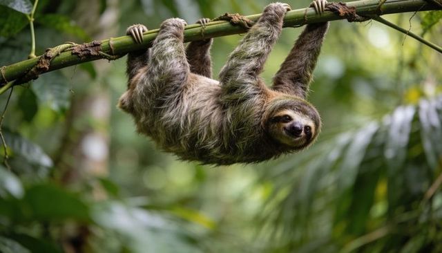 Hanging Three-Toed Sloth Clinging to Bamboo Branch in Lush Rainforest Canopy