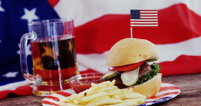 American Burger with Fries and Beer Celebrating Fourth of July - Download Free Stock Images Pikwizard.com